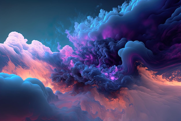 Nuvens fantásticas em tons abstratos de cenário fractal azul e roxo com cores vibrantes