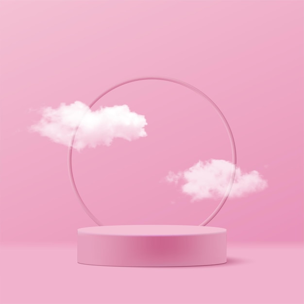 Nuvens fofas brancas realistas e pódio do produto com um círculo no fundo rosa. Mock-up para o seu design. Ilustração vetorial