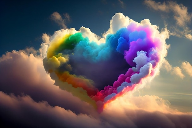 Nuvens fofas em forma de coração com uma ilustração de arco-íris Generative AI