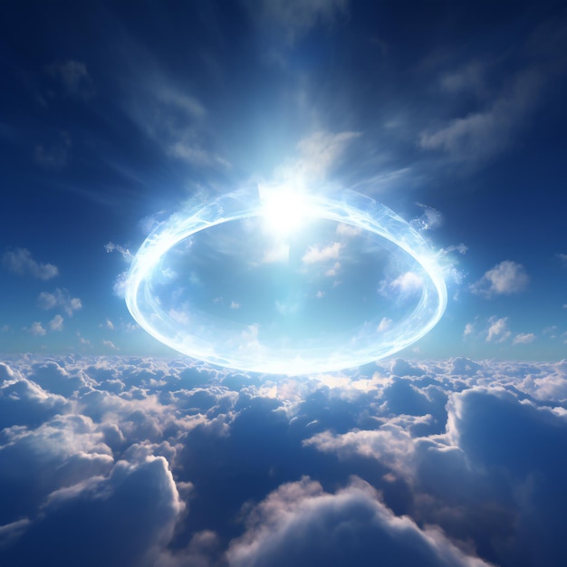 Foto nuvens inchadas com um círculo brilhante no céu com luzes transparentes translúcidas