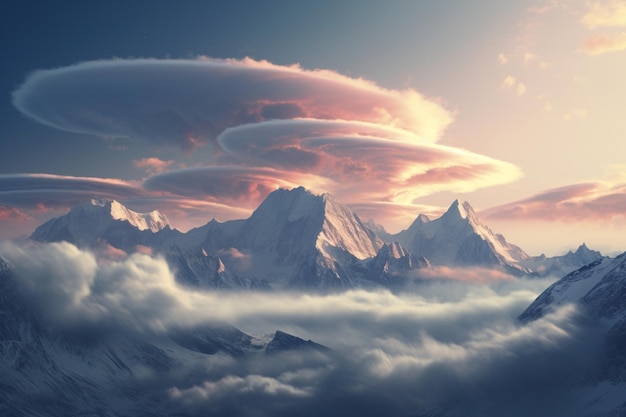 Nuvens lenticulares sobre picos de montanhas