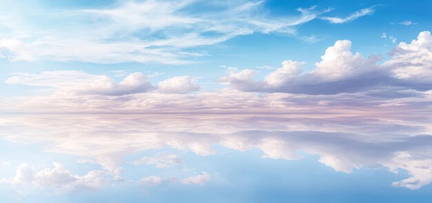 Nuvens no céu azul e reflexo no mar ou oceano Nuvens cumulus brancas no céu sobre o lago salgado Nuvens de reflexo no espelho na água Dia de verão ensolarado Paisagem marítima panorâmica pink pôr do sol nascer