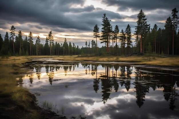 Nuvens refletindo em uma lagoa quieta