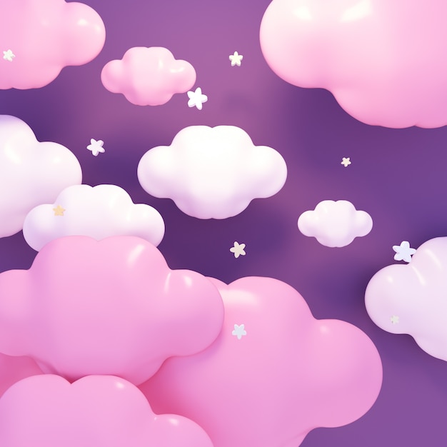 Nuvens roxas Kawaii e estrelas à noite imagem renderizada em 3D