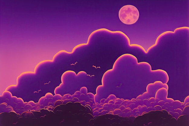 Foto nuvens roxas no céu violeta com ilustração de lua e pássaros