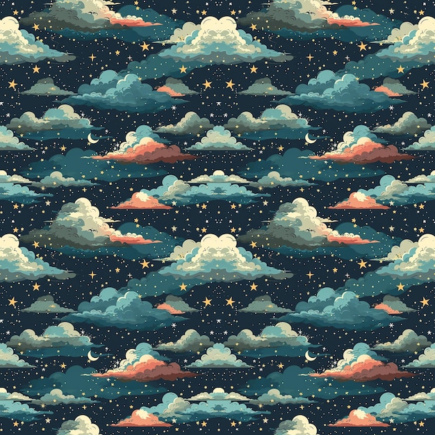 nuvens sem costura no céu noturno escuro com estrelas belo design para tecido têxtil impresso