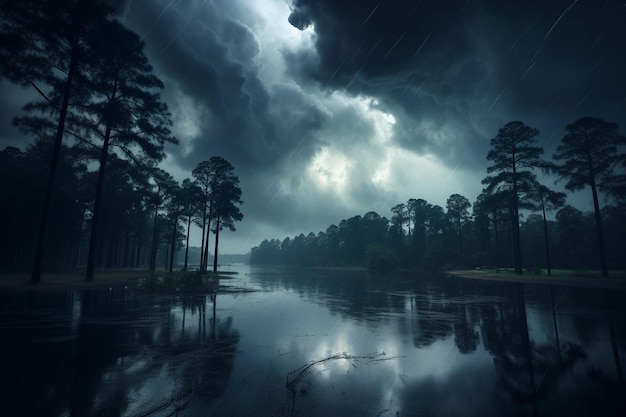Nuvens sinistras refletidas em um corpo de água calmo antes da tempestade atingir