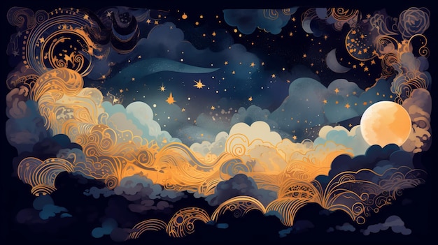 Nuvens Sol Estrelas e Lua Ilustração Papel de Parede