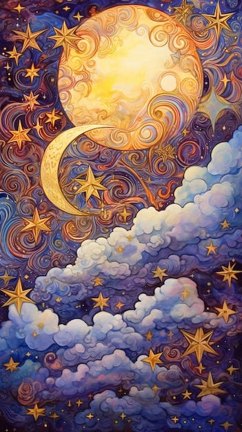 Nuvens Sol Estrelas e Lua Ilustração Papel de Parede