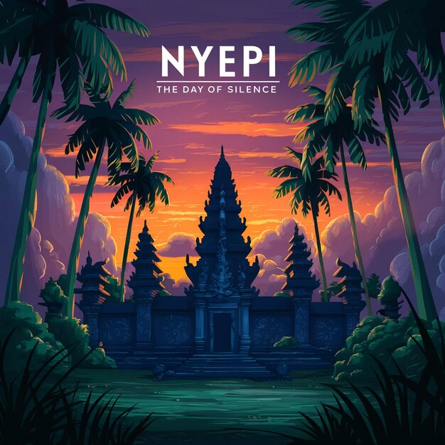 Nyepi-Tag der Stille Hintergrundillustration mit Tempel beim Sonnenuntergang