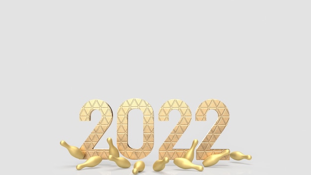O 2022 e o boliche dourado para o conceito de negócios ou férias renderização em 3d