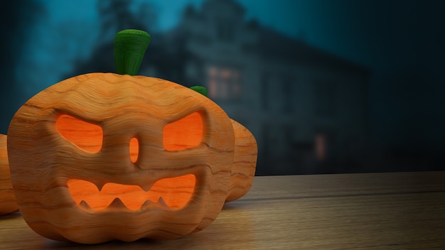 O Â jack de abóbora na mesa de madeira para o conceito de halloween renderização em 3d