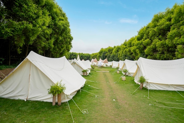 O acampamento na floresta é coberto com tendas