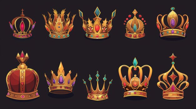 O acessório do rei ou rainha jóias de metal dourado com decoração de pedra preciosa design de tesouro medieval king ou queen acessório conjunto isolado em fundo preto