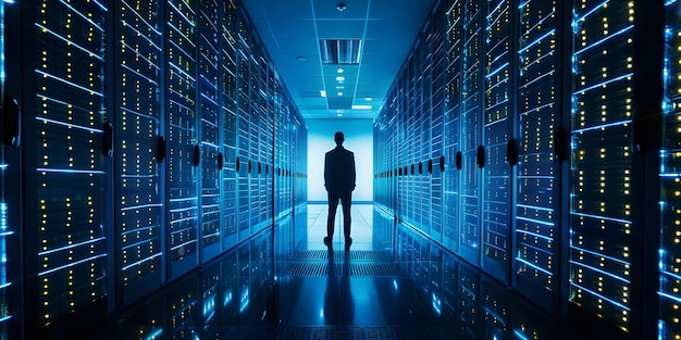 O administrador monitora o mainframe no centro de dados para garantir a segurança dos serviços de hospedagem no ciberespaço conceito monitoramento de cibersegurança segurança do centro de dados administração do mainframe serviços de hospedamento
