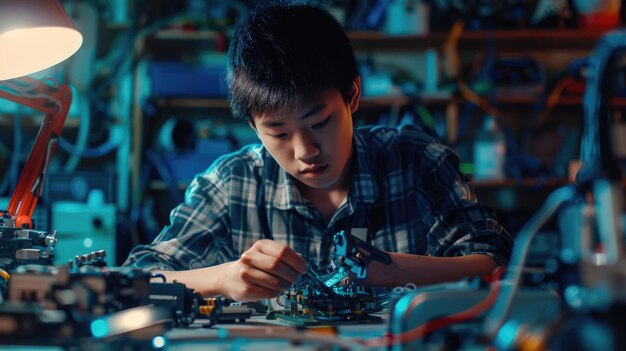 O adolescente do leste asiático a trabalhar num robô mecânico na sua oficina.