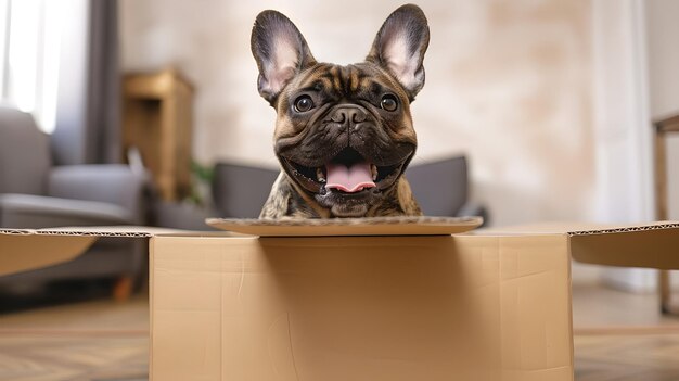 O adorável Bulldog Francês espreita de uma caixa de papelão em casa, um cachorrinho brincalhão desfrutando de um novo local, capturando a curiosidade e a ternura dos animais de estimação.