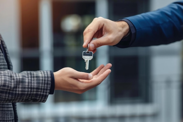 O agente imobiliário dá a chave ao novo proprietário do apartamento.