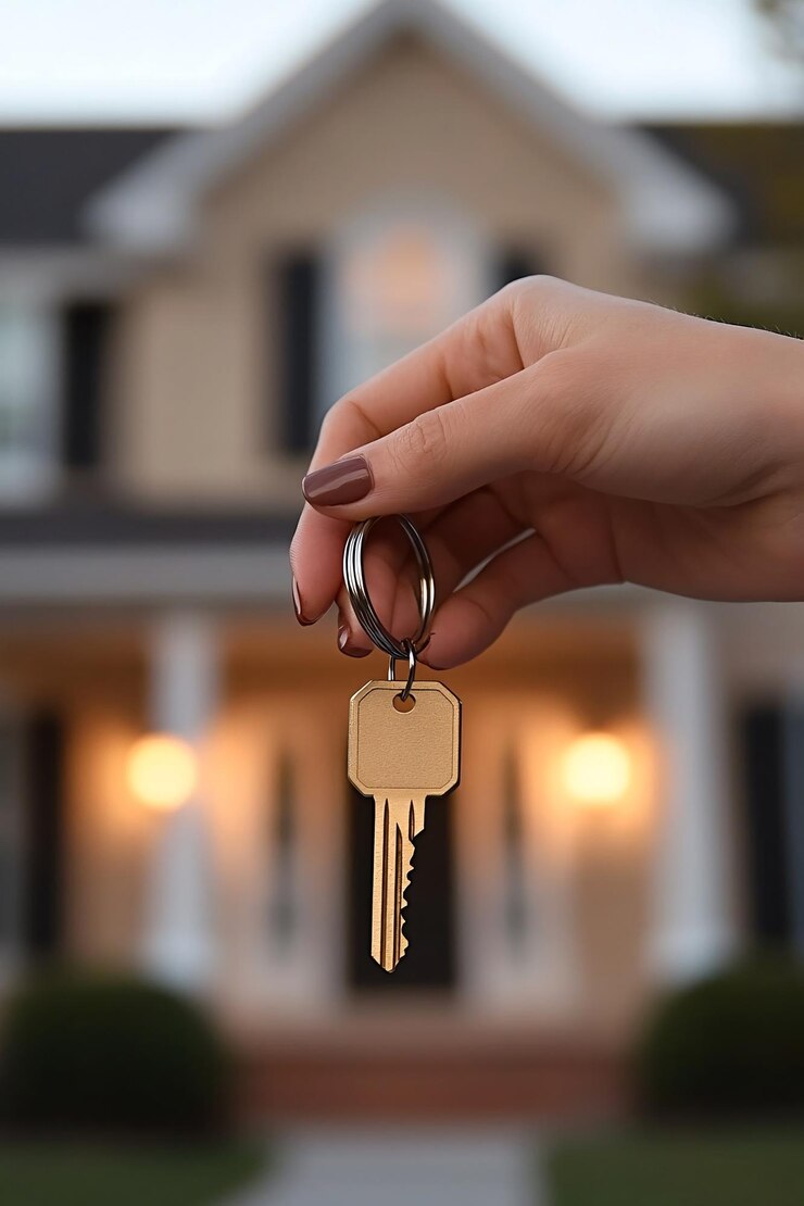 O agente imobiliário entrega as chaves de uma nova casa, simbolizando uma compra ou aluguel bem sucedido