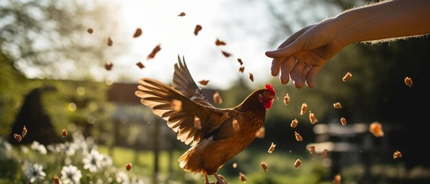 O agricultor alimenta as suas galinhas com grãos. Conceito de agricultura orgânica natural.