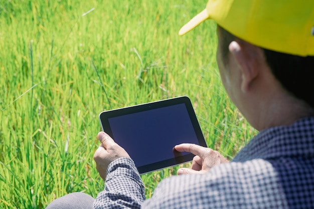 O agricultor inteligente usa um tablet para monitorar e analisar as colheitas em sua fazenda durante um dia ensolarado.