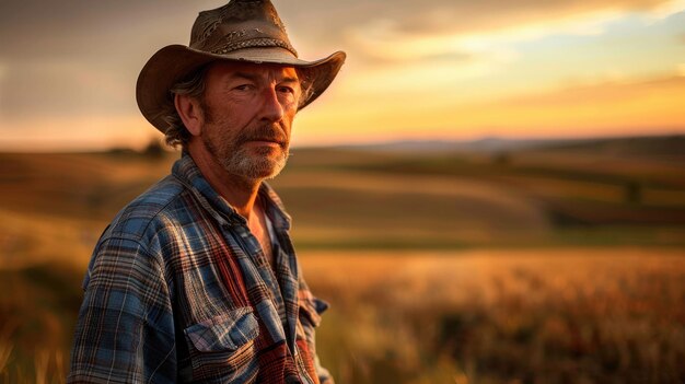 O agricultor que trabalha no campo de colheita do trigo sob o amanhecer ou anoitecer aig