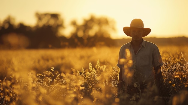 Foto o agricultor que trabalha no campo de colheita do trigo sob o amanhecer ou anoitecer aig