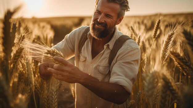 O agricultor verifica os brotos de trigo no seu campo