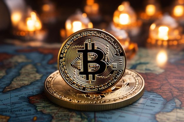 O alcance mundial de Bitcoins retratado com um globo e um mapa ao fundo