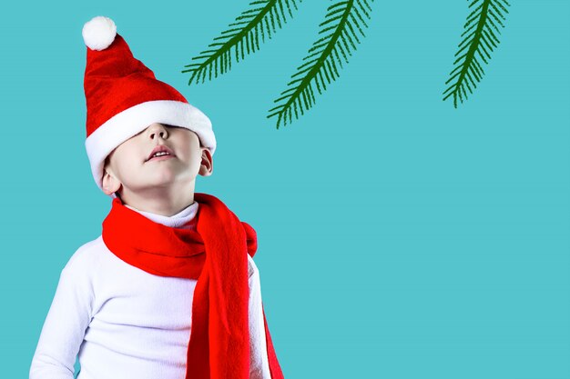 O alegre chapéu de Papai Noel caiu sobre os olhos. Um lenço vermelho está amarrado no pescoço.