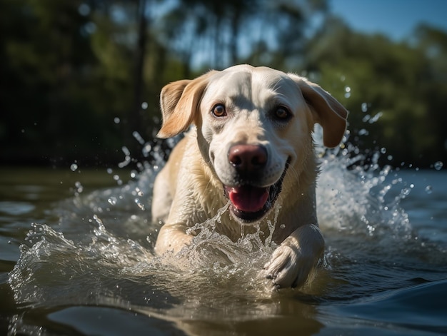 O alegre Labrador Retriever em um lago