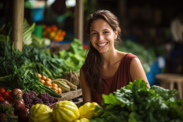 O alegre vendedor atrás da barraca de legumes oferece uma variedade colorida de produtos agrícolas frescos, enfatizando os benefícios da alimentação natural