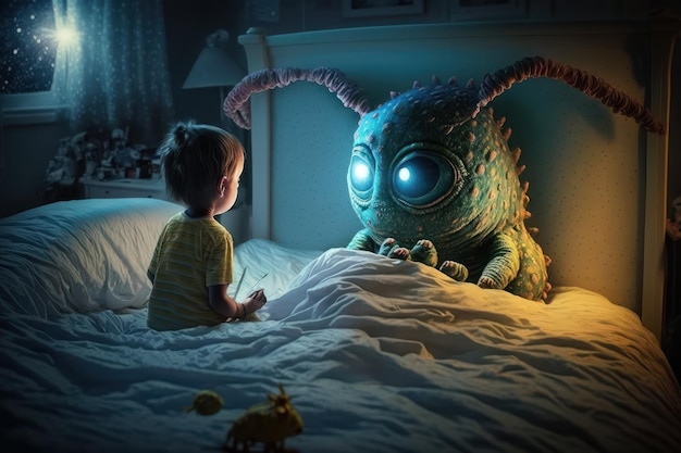 O alienígena está deitado na cama, o garotinho está sentado Linda imagem ilustrativa IA generativa