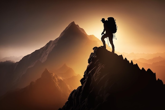 O alpinista sobe o homem da montanha no topo da rocha na IA generativa do pôr do sol
