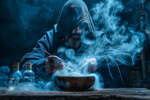 O alquimista medieval faz um ritual mágico à mesa no seu laboratório de fumaça.