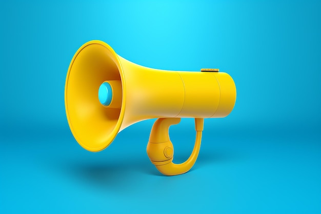 Foto o alto-falante do megafone amarelo sobre um fundo azul comunica ousadamente