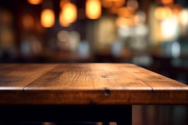 O ambiente do restaurante se confunde atrás da superfície superior de uma mesa de madeira