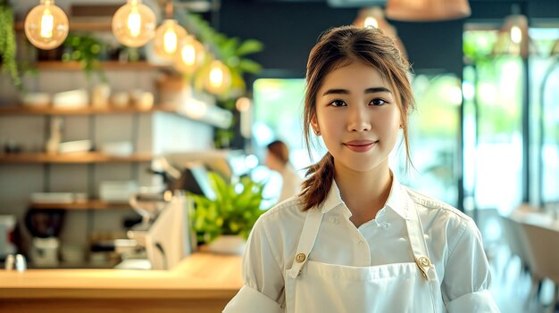 O amigável empregado do café recebe os clientes com um sorriso