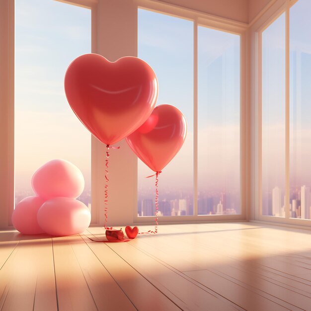 O amor encheu a sala e dois balões em forma de coração flutuaram no método de parada de ar pré-histórico