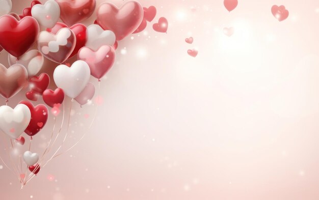 O amor está no ar com um fundo romântico de balões vermelhos e cor-de-rosa em forma de coração