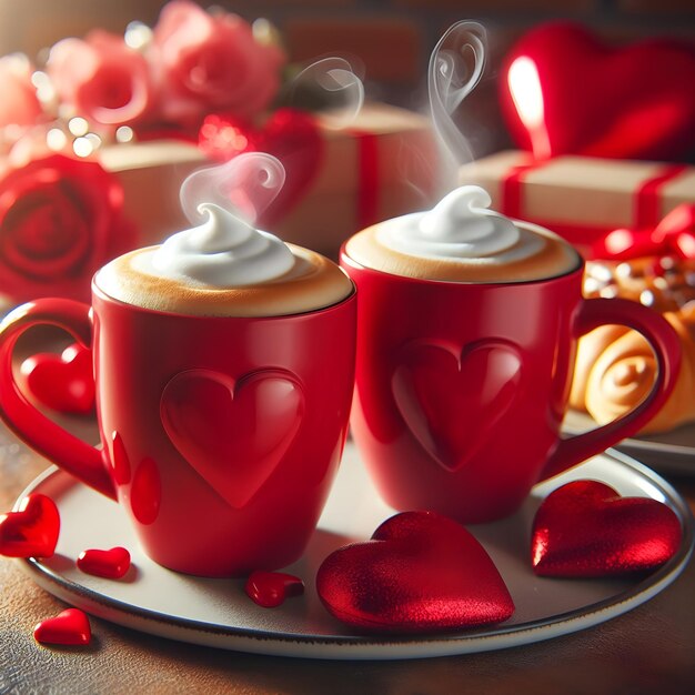 Foto o amor faz duas xícaras de café vermelho numa mesa romântica de dia dos namorados.