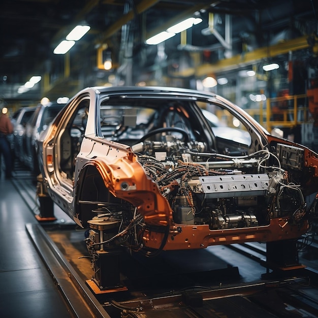 Foto o amplo interior de uma linha de produção de uma fábrica de carros elétricos futuristas de robótica automatizada