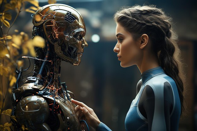 O andróide Ai do Futurismo cara a cara com um robô humanoide e a Inteligência Artificial do Robô Ai