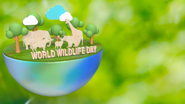 O animal e o texto para renderização 3d do conceito do dia mundial da vida selvagem