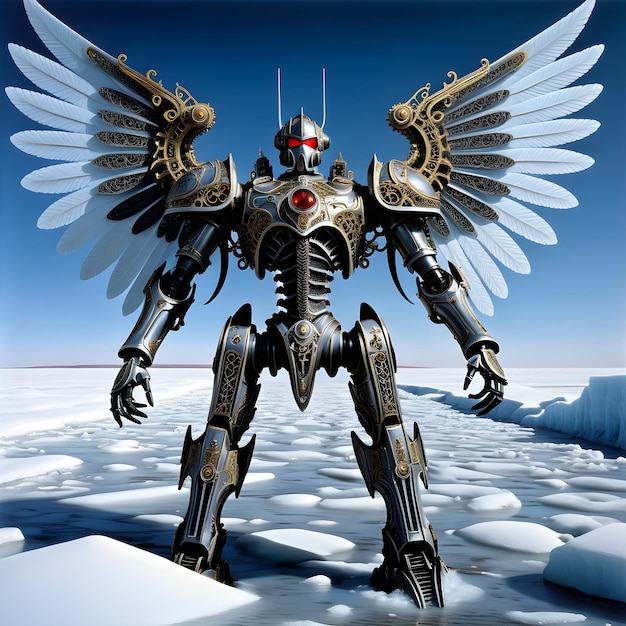 Foto o anjo biomecânico cybermech ficou erguido contra a paisagem fria e gelada sua intrincada vitória metálica