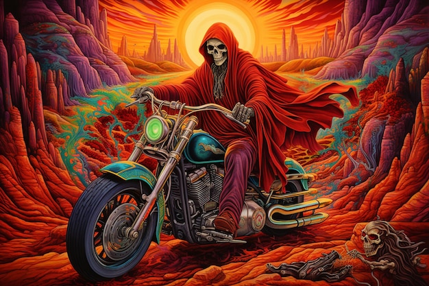 O anjo da morte Ceifador andando em uma motocicleta customizada