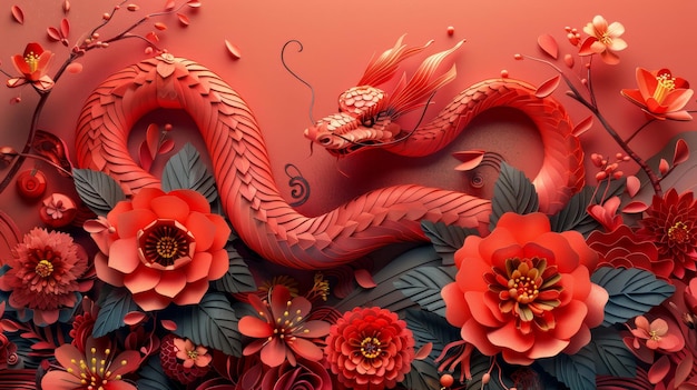 O ano novo chinês 2025 é o ano da cobra e este gráfico retrata o signo do zodíaco da cobra com flores lanternas e outros elementos asiáticos em estilo de corte de papel vermelho em um fundo colorido