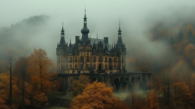 O antigo castelo no nevoeiro Tranquila atmosfera mística e misteriosa Beleza paisagem IA generativa