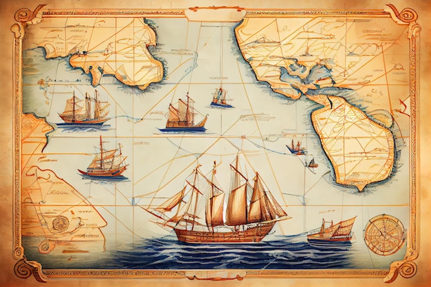 O antigo mapa náutico das rotas marítimas Generative Ai