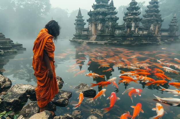 Foto o antigo pura ulun danu bratan besakih ou famoso templo hindu e turista na ilha de bali ao nascer do sol